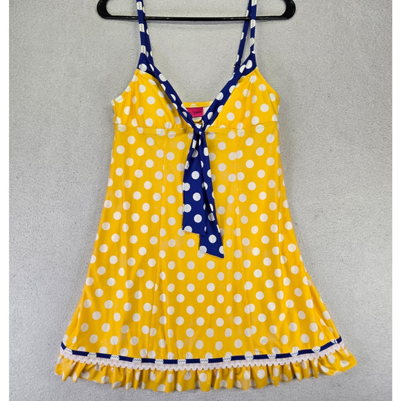 Betsey Johnson Retro Swim Dress Womens M Polka Dot Yellow Blue Cover Up Pin Up - Picture 1 of 10